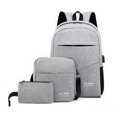 3 PCS Bags Men Bags Backpacks Bookbags School Bags USB Laptop Bags Travel Bags Nylon Cloth Bags Anti-Theft Leisure gray large