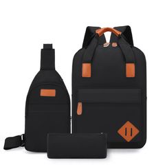 3 PCS/Sets Backpacks Bags Men Bags School Bags Bookbags Chest Bags USB Laptop Bags Notebook Bags Travel Bag Anti-Theft Leisure Nylon Cloth Bags Black as picture
