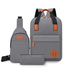 3 PCS/Sets Backpacks Bags Men Bags School Bags Bookbags Chest Bags USB Laptop Bags Notebook Bags Travel Bag Anti-Theft Leisure Nylon Cloth Bags Gray as picture