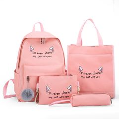 4 PCS/Sets Handbags Backpack For Women Bags Ladies Bags Bookbags School Bags Nylon Cloth Clutch Purse Wallet Pink as the picture