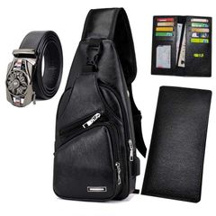 Men Bags Chest Bags Belt Men Wallet Purse 3 PCS 3 in 1 Messenger Bag Travel With Headphone Hole Sports Bag Black one size