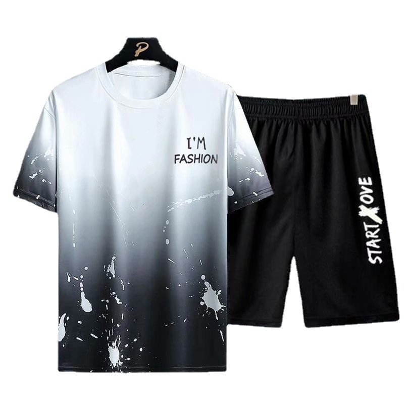 T-Shirts Men tshirts Men Shorts 2 PCS 2 in 1 Polos Men Clothes Shorts T-Shirt Sets Men Suits Fashion Summer Print Round Neck Short Sleeve Gray,M,100%polyester