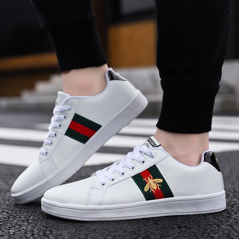 Mens Fashion Bee Embroidery White Shoes Casual Sports Running Shoes Lace up Sneakers