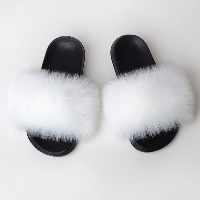 Women Fashion Faux Raccoon Fur Slides Slippers Flip Flops Casual Faux Fox Fur Sandals Plush Shoes