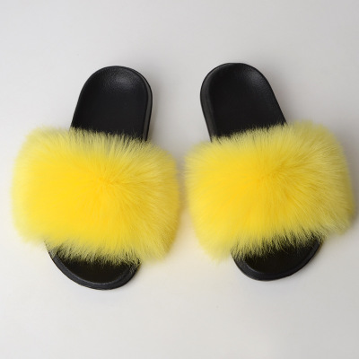 Women Fashion Faux Raccoon Fur Slides Slippers Flip Flops Casual Faux Fox Fur Sandals Plush Shoes