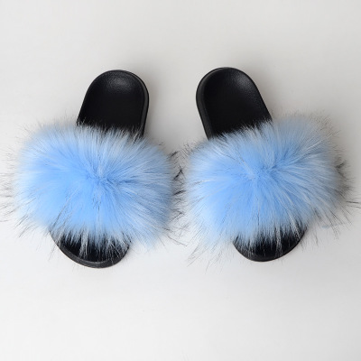 Women Fashion Faux Raccoon Fur Slides Slippers Flip Flops Casual Faux Fox Fur Sandals Plush Shoes