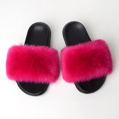 Women Fashion Faux Raccoon Fur Slides Slippers Flip Flops Casual Faux Fox Fur Sandals Plush Shoes