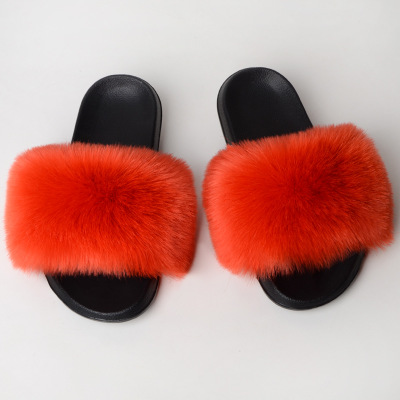 Women Fashion Faux Raccoon Fur Slides Slippers Flip Flops Casual Faux Fox Fur Sandals Plush Shoes