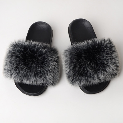 Women Fashion Faux Raccoon Fur Slides Slippers Flip Flops Casual Faux Fox Fur Sandals Plush Shoes