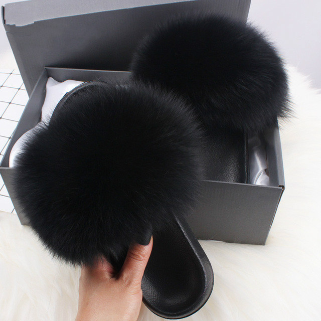 Women Fashion Faux Raccoon Fur Slides Slippers Flip Flops Casual Faux Fox Fur Sandals Plush Shoes