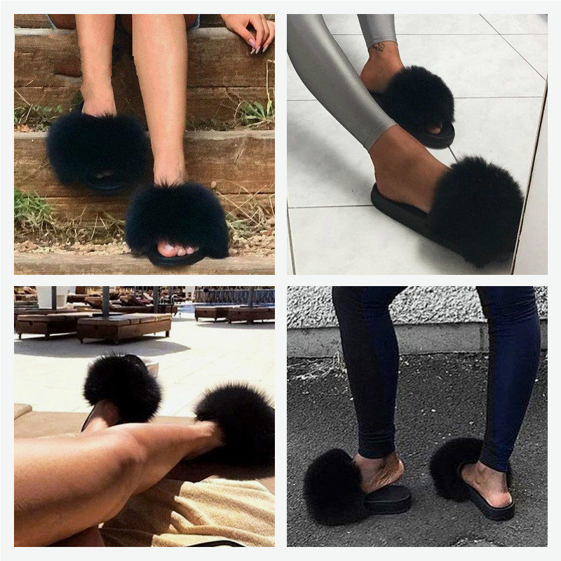 Women Fashion Faux Raccoon Fur Slides Slippers Flip Flops Casual Faux Fox Fur Sandals Plush Shoes