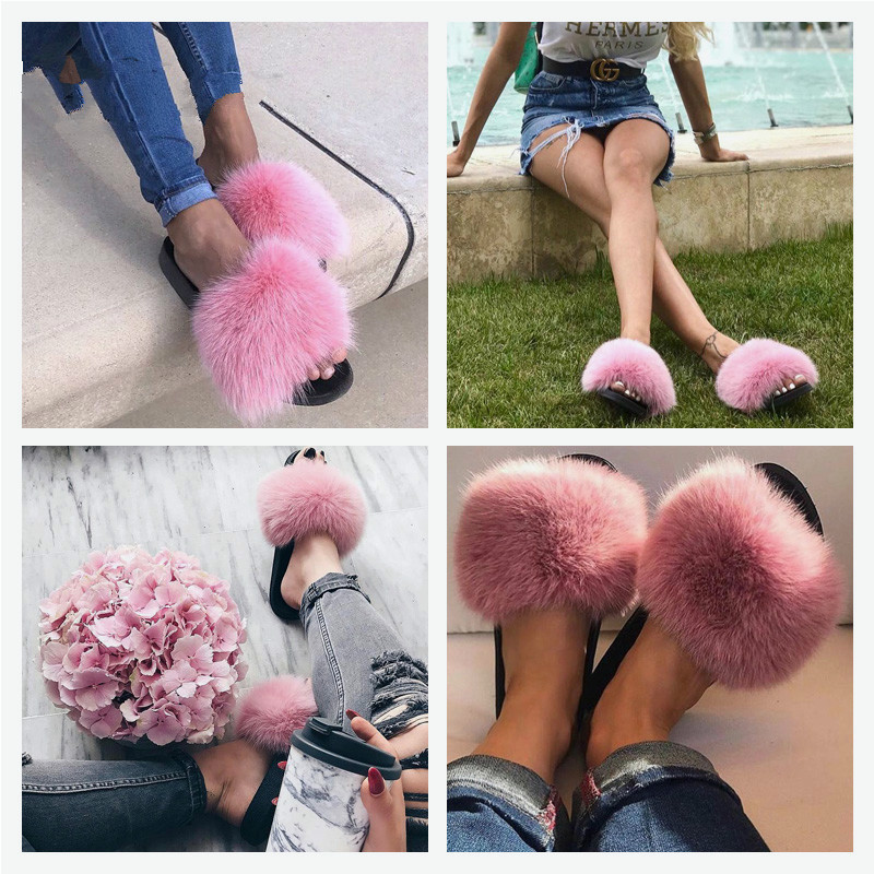 Women Fashion Faux Raccoon Fur Slides Slippers Flip Flops Casual Faux Fox Fur Sandals Plush Shoes