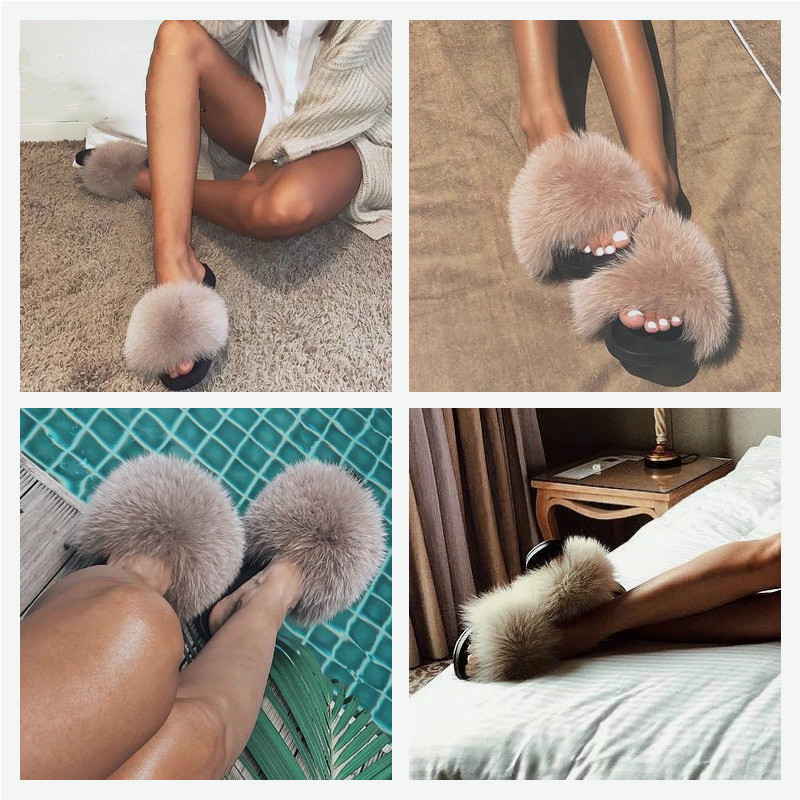 Women Fashion Faux Raccoon Fur Slides Slippers Flip Flops Casual Faux Fox Fur Sandals Plush Shoes