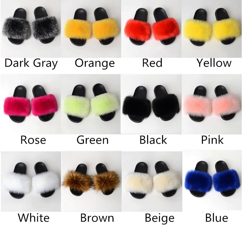 Women Fashion Faux Raccoon Fur Slides Slippers Flip Flops Casual Faux Fox Fur Sandals Plush Shoes