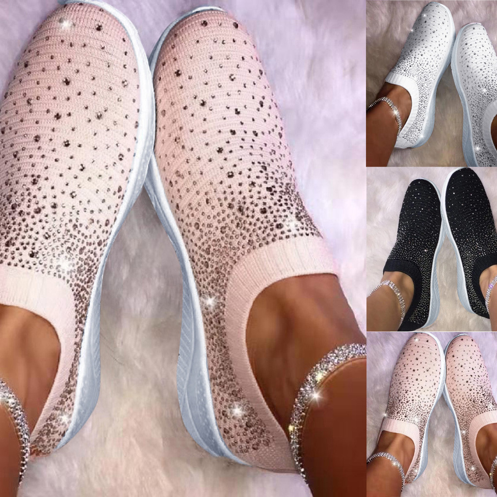 Women&apos;s Crystal Fashion Sneakers Ladies Ankle Slip On Sport Shoes Flat Loafers Casual Sock Shoes