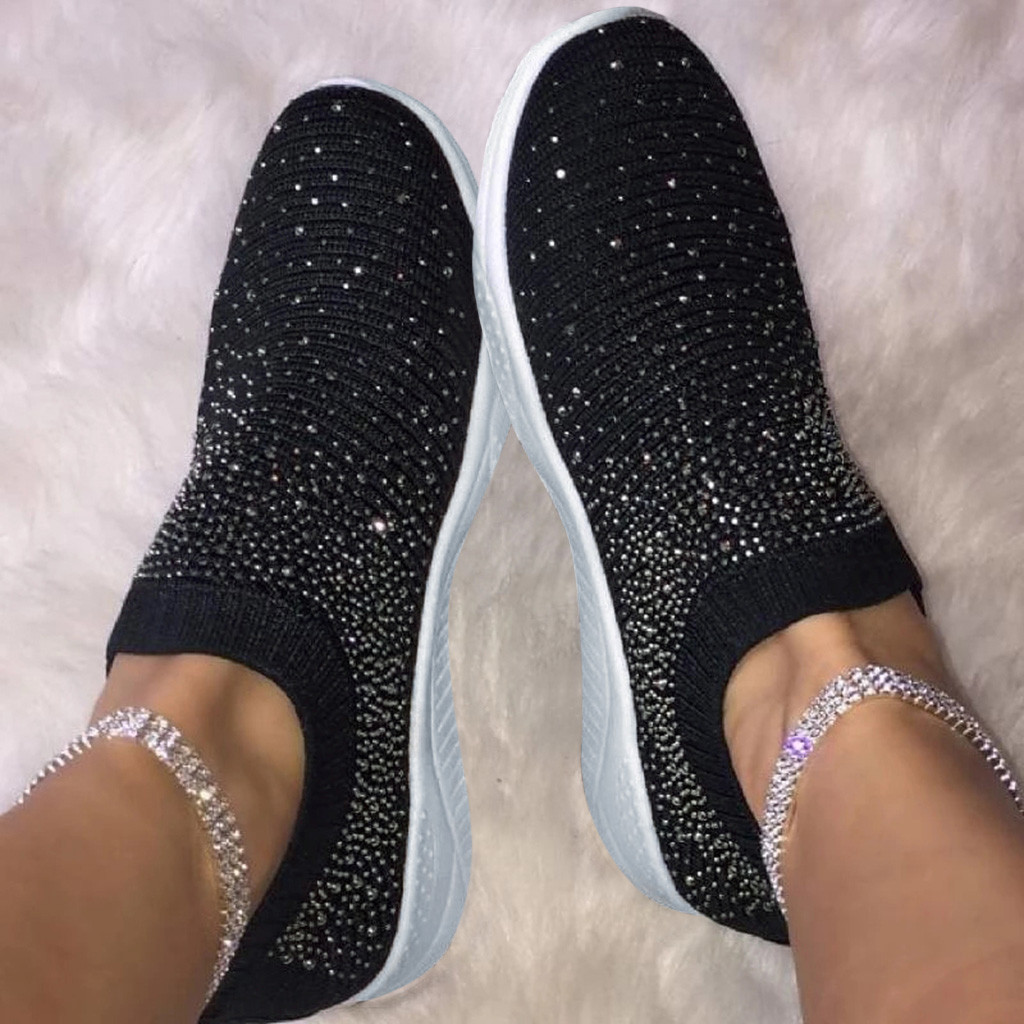 Women&apos;s Crystal Fashion Sneakers Ladies Ankle Slip On Sport Shoes Flat Loafers Casual Sock Shoes