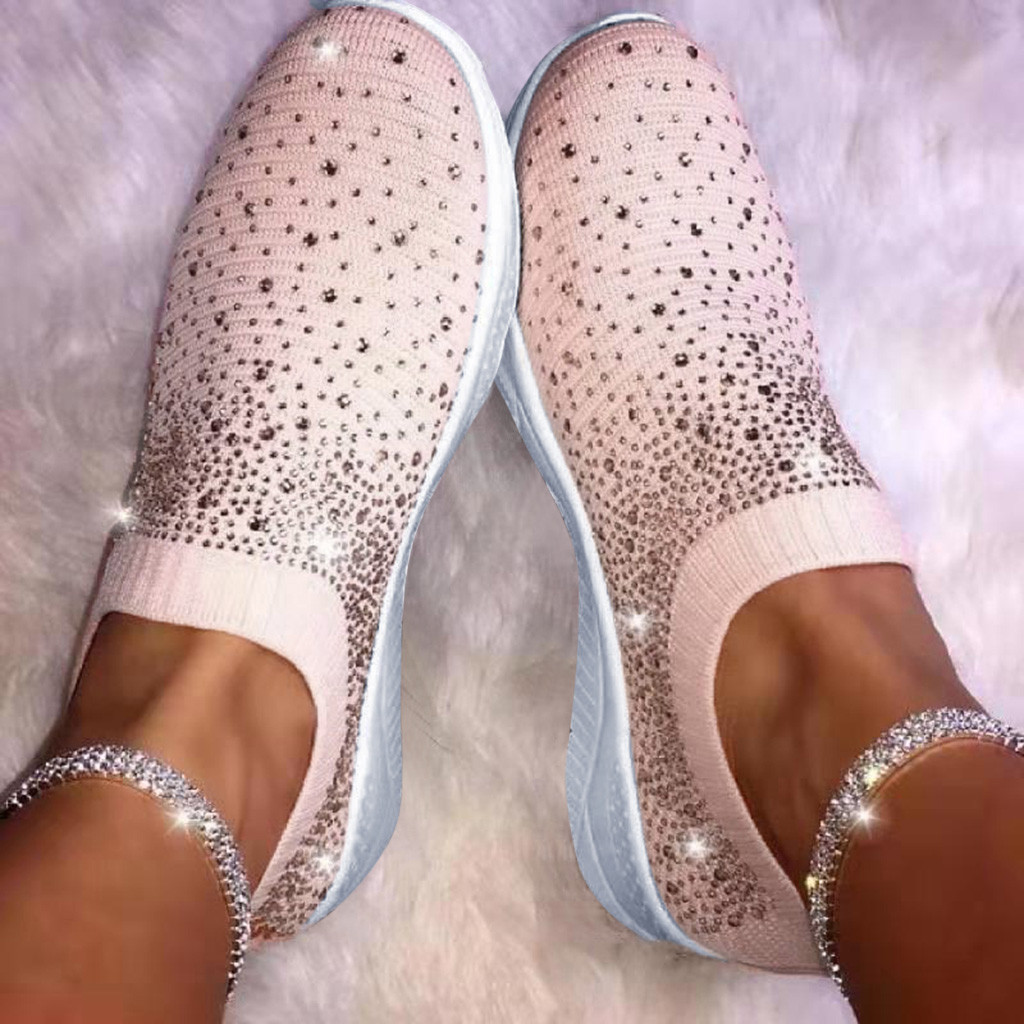 Women&apos;s Crystal Fashion Sneakers Ladies Ankle Slip On Sport Shoes Flat Loafers Casual Sock Shoes
