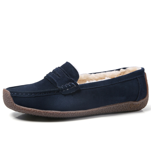 MINIQ Women Cow Suede Fur Linning Flats Shoes Casual Slip On Mocassion Shoes Non-slip Casual Shoes