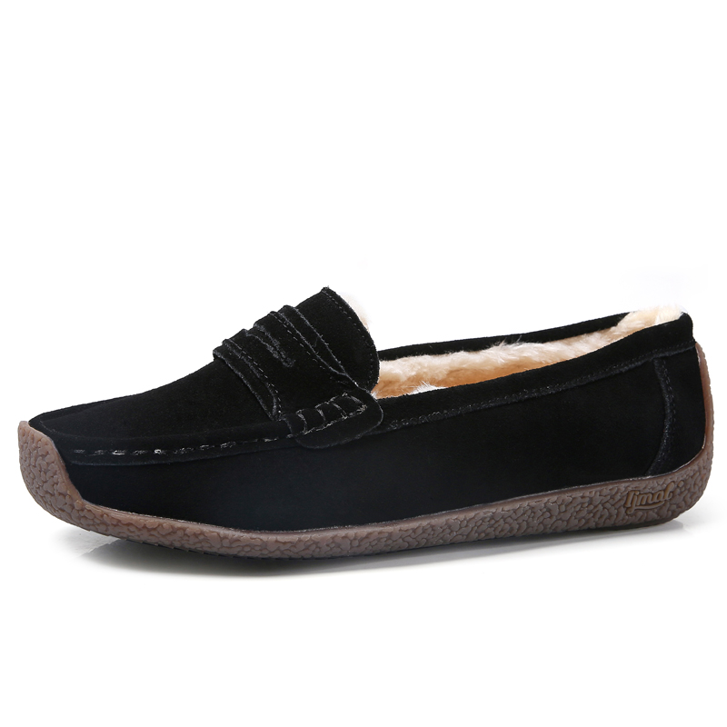 MINIQ Women Cow Suede Fur Linning Flats Shoes Casual Slip On Mocassion Shoes Non-slip Casual Shoes