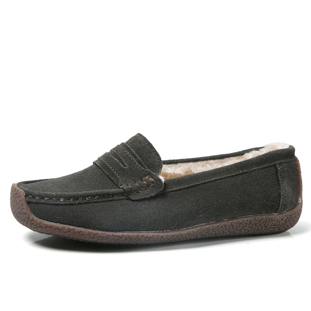 MINIQ Women Cow Suede Fur Linning Flats Shoes Casual Slip On Mocassion Shoes Non-slip Casual Shoes