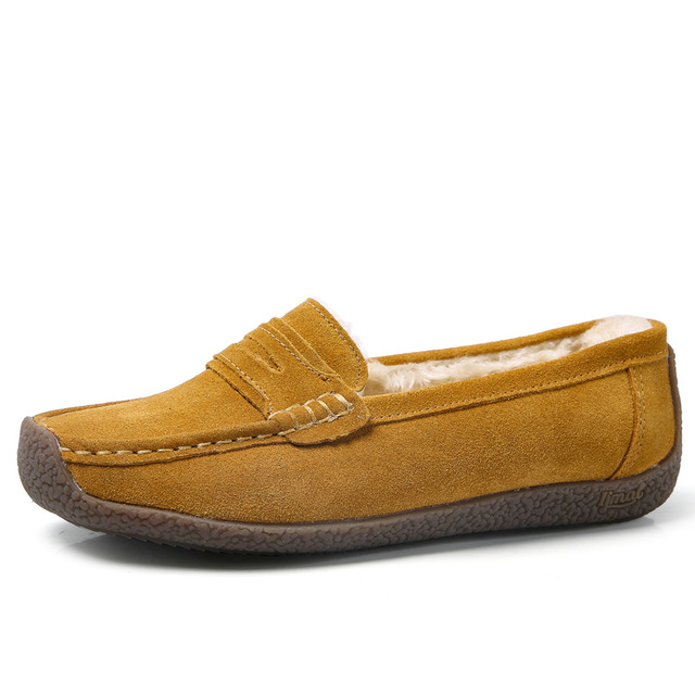 MINIQ Women Cow Suede Fur Linning Flats Shoes Casual Slip On Mocassion Shoes Non-slip Casual Shoes