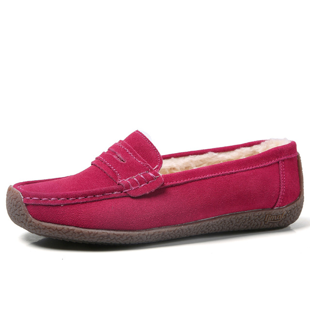 MINIQ Women Cow Suede Fur Linning Flats Shoes Casual Slip On Mocassion Shoes Non-slip Casual Shoes