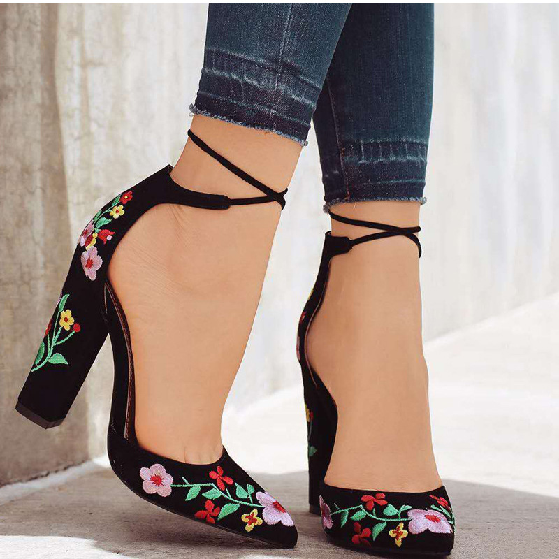 Women High Heels Flower Embroidery Pumps Ankle Strap Sexy Party Wedding Pointed Toe Chunky Shoes