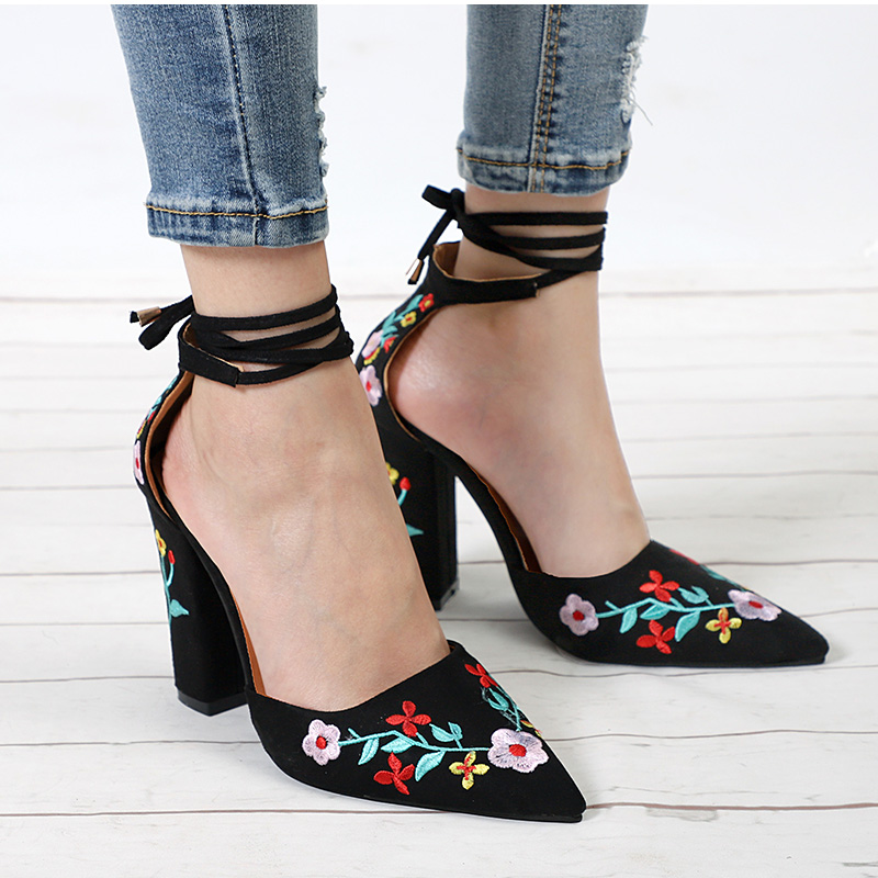Women High Heels Flower Embroidery Pumps Ankle Strap Sexy Party Wedding Pointed Toe Chunky Shoes