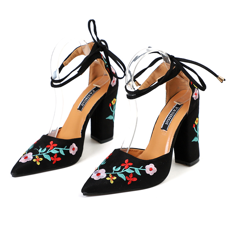 Women High Heels Flower Embroidery Pumps Ankle Strap Sexy Party Wedding Pointed Toe Chunky Shoes