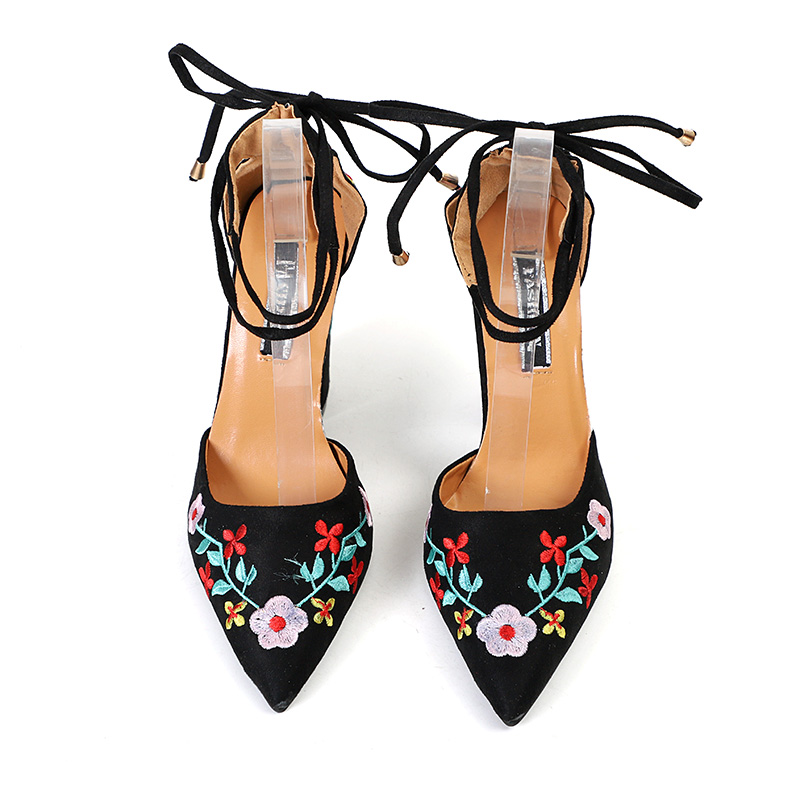 Women High Heels Flower Embroidery Pumps Ankle Strap Sexy Party Wedding Pointed Toe Chunky Shoes