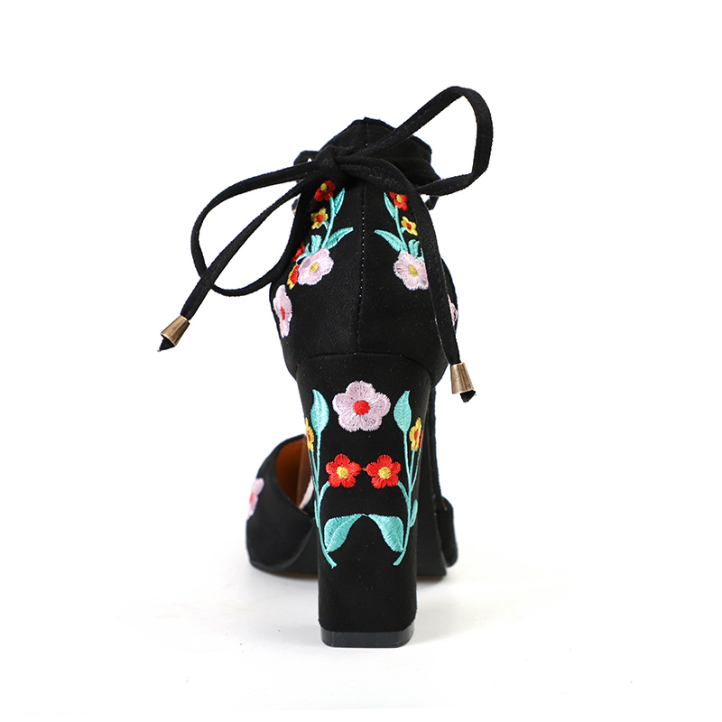Women High Heels Flower Embroidery Pumps Ankle Strap Sexy Party Wedding Pointed Toe Chunky Shoes