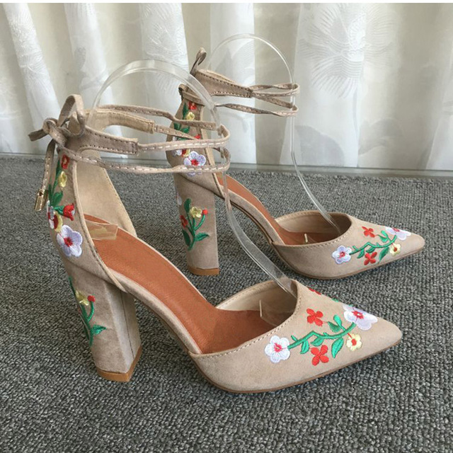 Women High Heels Flower Embroidery Pumps Ankle Strap Sexy Party Wedding Pointed Toe Chunky Shoes