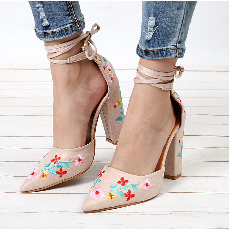 Women High Heels Flower Embroidery Pumps Ankle Strap Sexy Party Wedding Pointed Toe Chunky Shoes