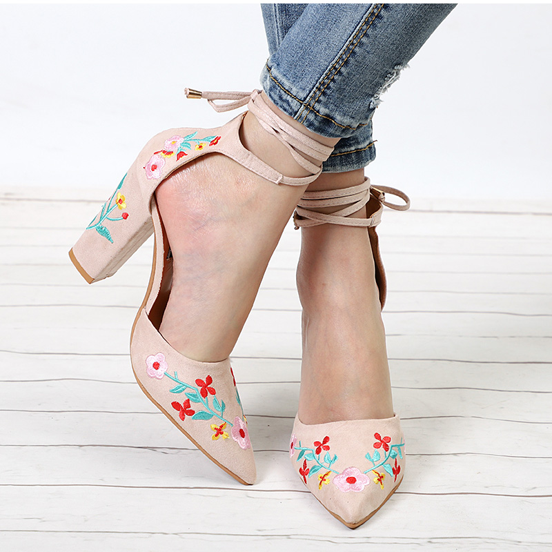 Women High Heels Flower Embroidery Pumps Ankle Strap Sexy Party Wedding Pointed Toe Chunky Shoes