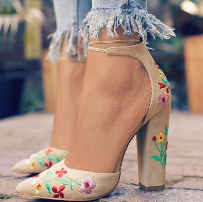 Women High Heels Flower Embroidery Pumps Ankle Strap Sexy Party Wedding Pointed Toe Chunky Shoes