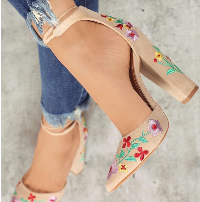 Women High Heels Flower Embroidery Pumps Ankle Strap Sexy Party Wedding Pointed Toe Chunky Shoes