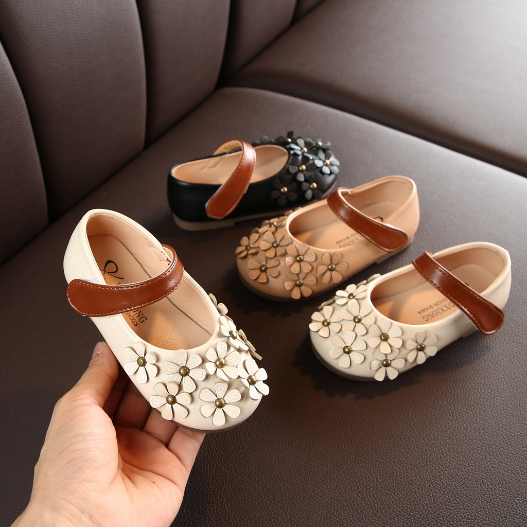 MiniQ Girls Flowers Leather Shoes Toddler Children Kids Baby Girl Princess Dress Sandals Non-slip