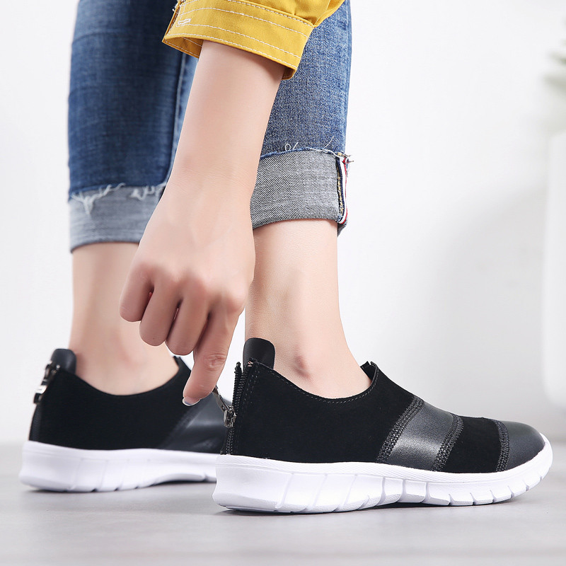 MiniQ Women Genuine Leather Casual Sneakers Shoes Fashion Flat Slip-on Loafers Shoes with Zipper