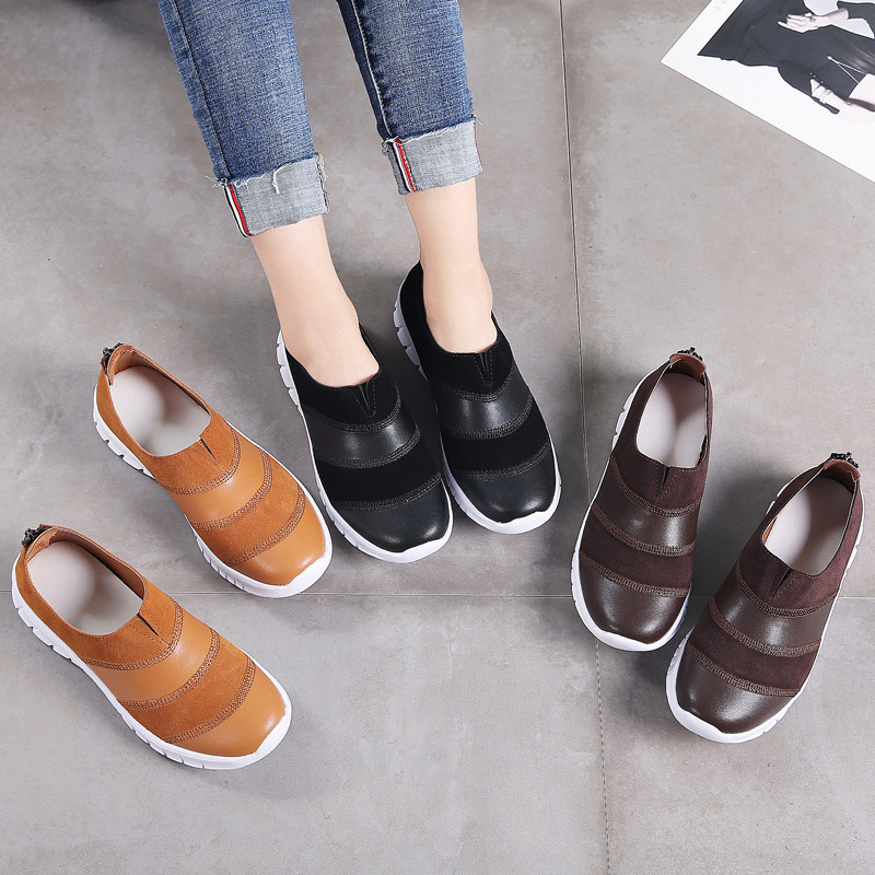 MiniQ Women Genuine Leather Casual Sneakers Shoes Fashion Flat Slip-on Loafers Shoes with Zipper