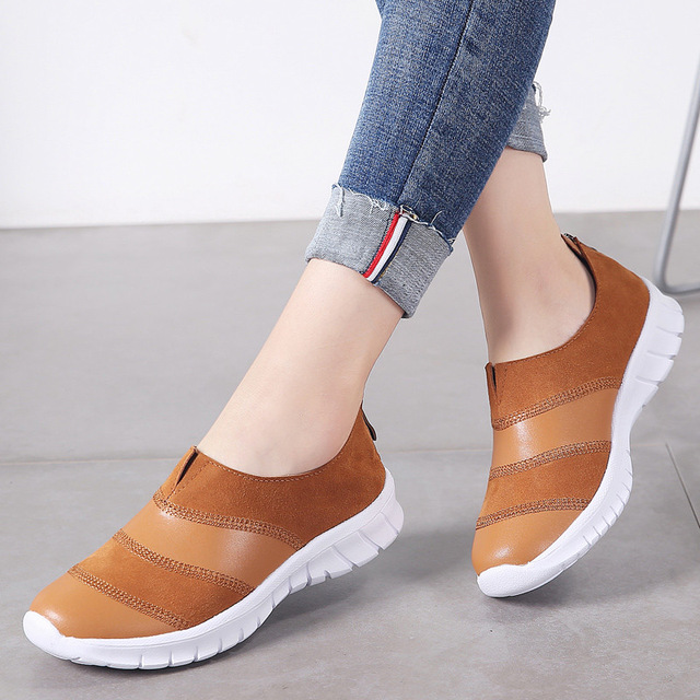 MiniQ Women Genuine Leather Casual Sneakers Shoes Fashion Flat Slip-on Loafers Shoes with Zipper
