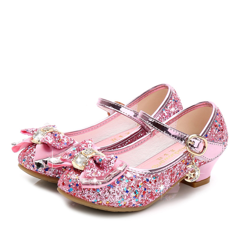 Girls Dress Shoes Princess Kids Leather Shoes Flower Glitter Children High Heel Butterfly Knot 26-38