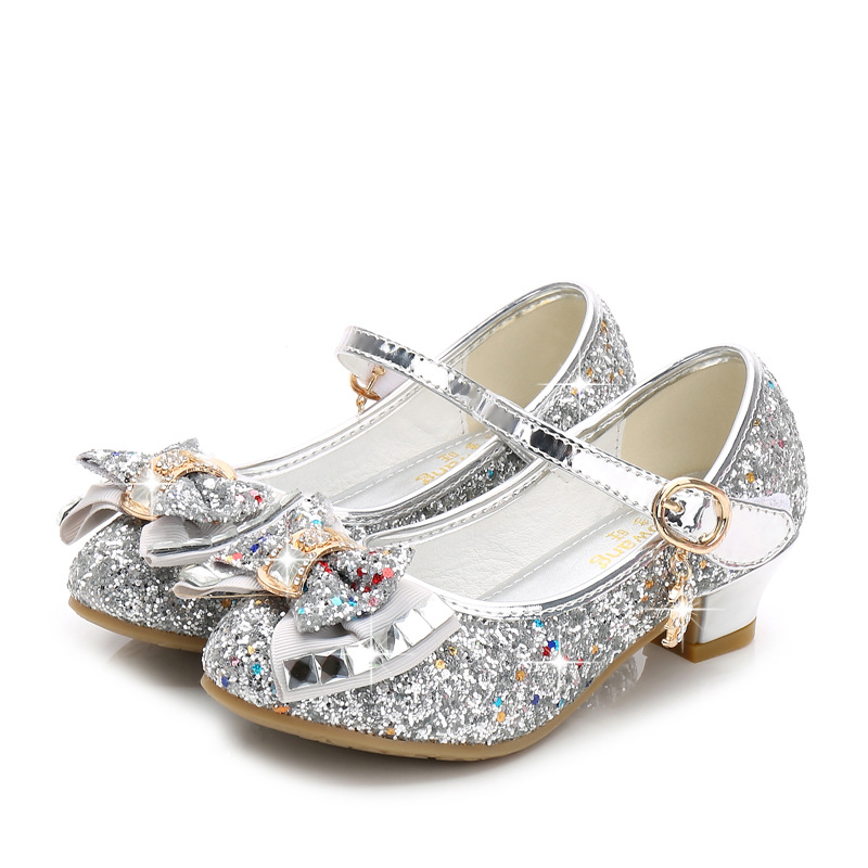 Girls Dress Shoes Princess Kids Leather Shoes Flower Glitter Children High Heel Butterfly Knot 26-38
