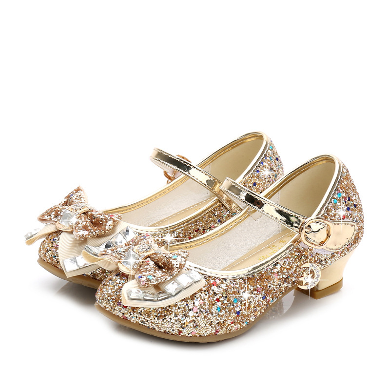 Girls Dress Shoes Princess Kids Leather Shoes Flower Glitter Children High Heel Butterfly Knot 26-38