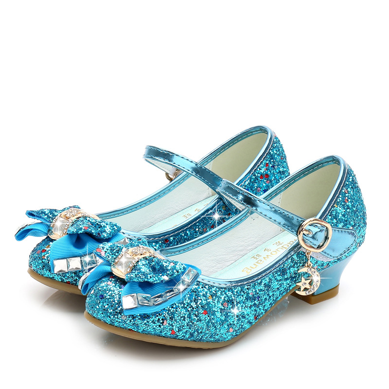 Girls Dress Shoes Princess Kids Leather Shoes Flower Glitter Children High Heel Butterfly Knot 26-38