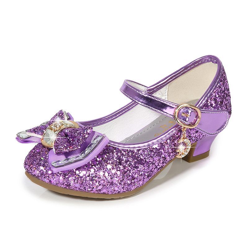Girls Dress Shoes Princess Kids Leather Shoes Flower Glitter Children High Heel Butterfly Knot 26-38