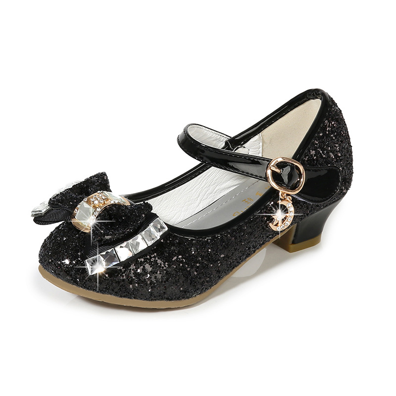 Girls Dress Shoes Princess Kids Leather Shoes Flower Glitter Children High Heel Butterfly Knot 26-38
