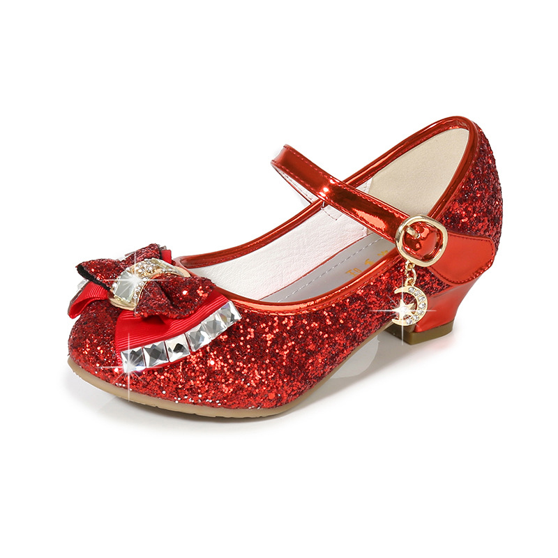 Girls Dress Shoes Princess Kids Leather Shoes Flower Glitter Children High Heel Butterfly Knot 26-38