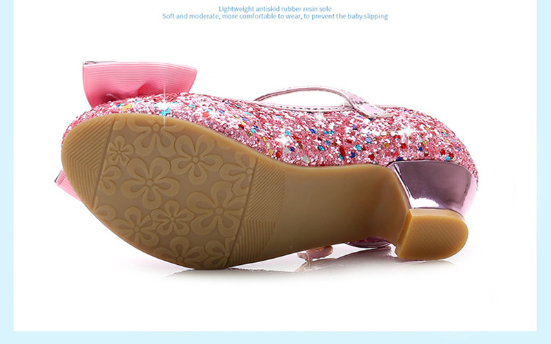 Girls Dress Shoes Princess Kids Leather Shoes Flower Glitter Children High Heel Butterfly Knot 26-38