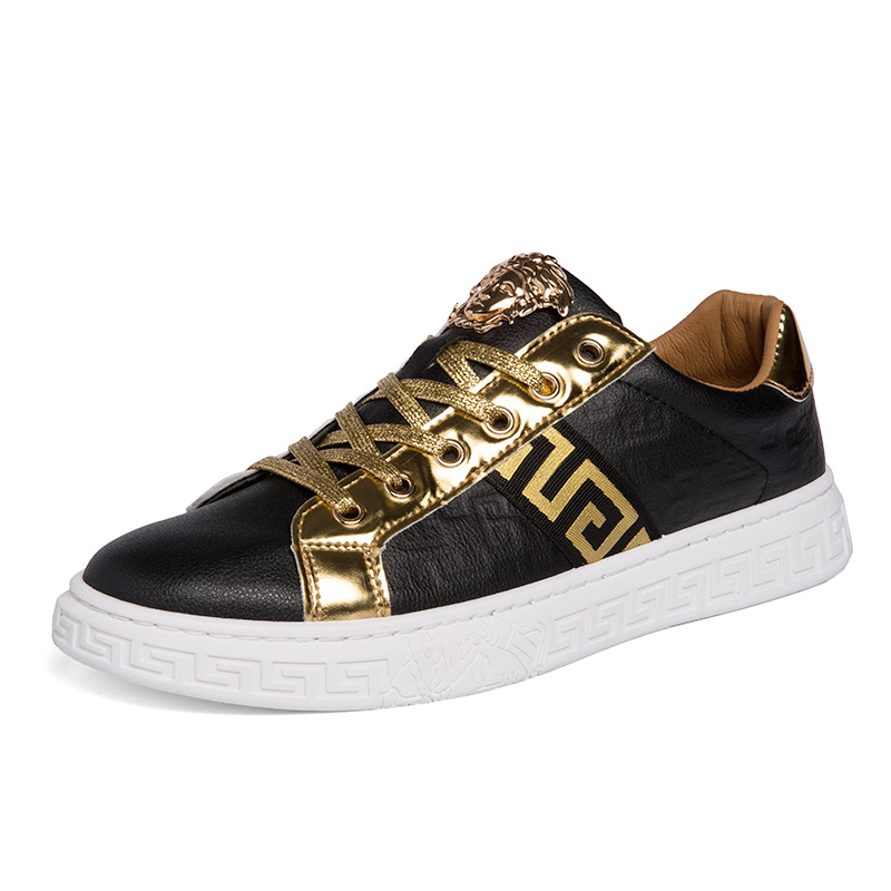 Fashion Mens Sneakers PU Leather Embossing Design Black Gold Metal Low Cut Casual Shoes