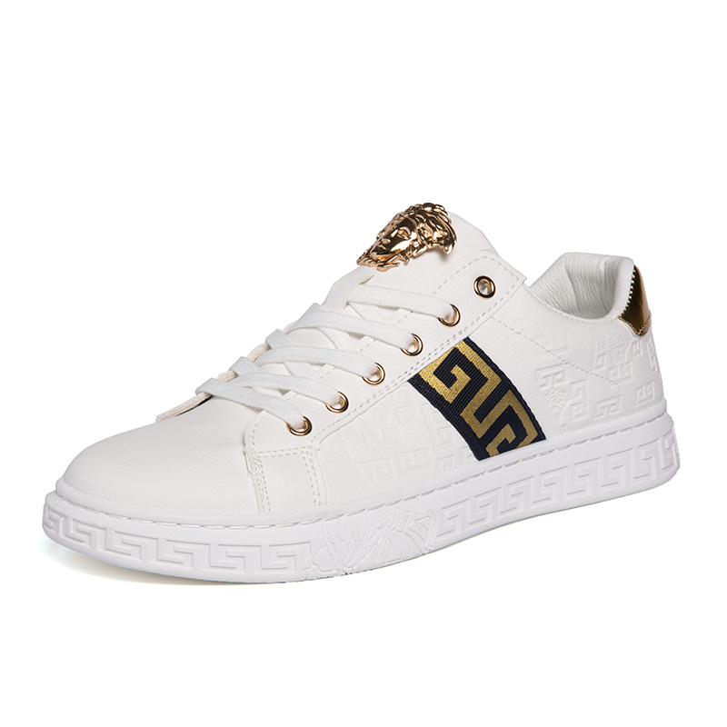 Fashion Mens Sneakers PU Leather Embossing Design Black Gold Metal Low Cut Casual Shoes